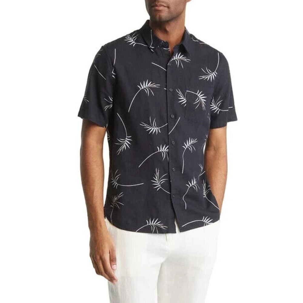 Magaschoni Man Shirt Mens Small Navy Linen Palm Print Short Sleeve Button Up Nwt - Picture 1 of 9